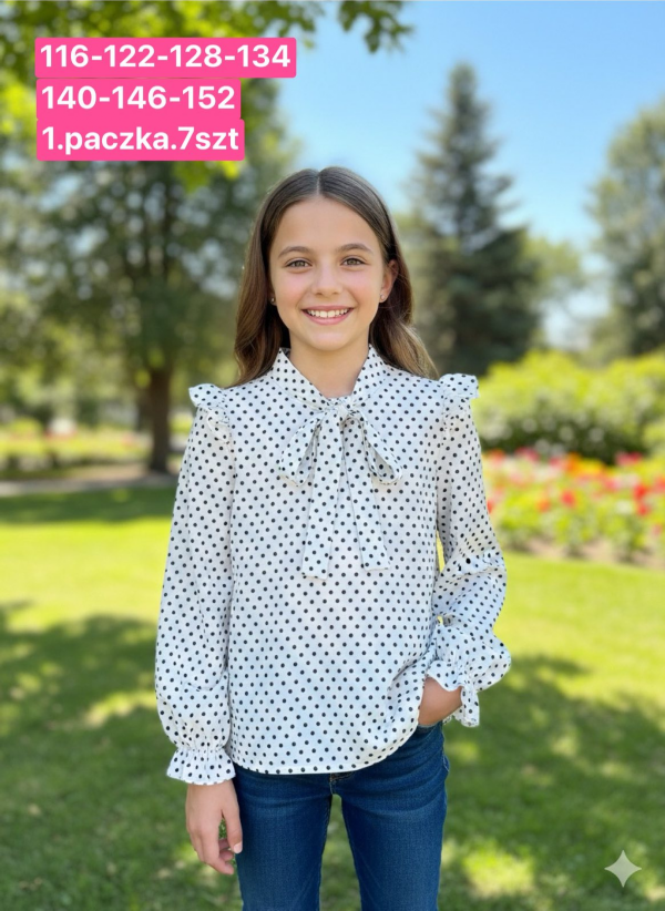 Koszule dziewczęce Roz 116-152, 1 kolor Paczka 7 szt